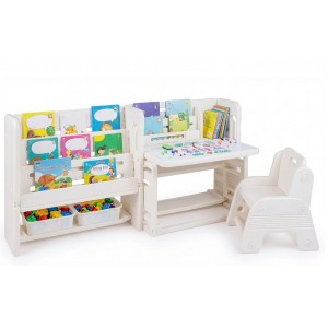 Vaikiškas stalas su knygų lentynomis, balta lenta ir 2 daiktadėžėmis